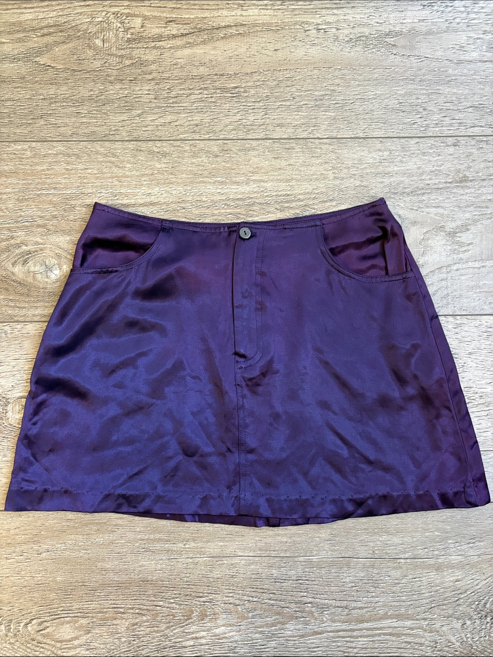 Vintage 90s Rampage Purple Satin Mini Skirt Button & Zipper Fly Closure Pockets